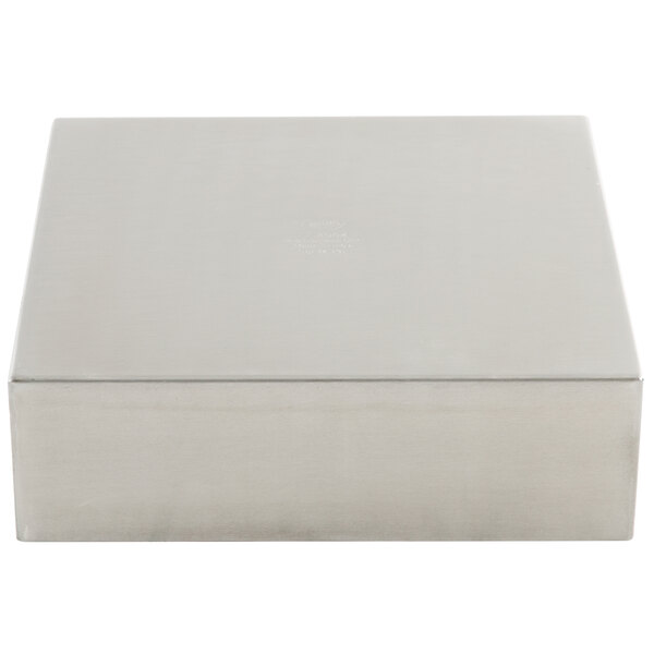 A Tablecraft stainless steel rectangular bowl with straight sides on a white background.
