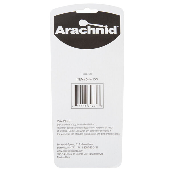 A white box with black and red text that reads "Arachnid SFR150 Red and Black Soft Tip Darts"