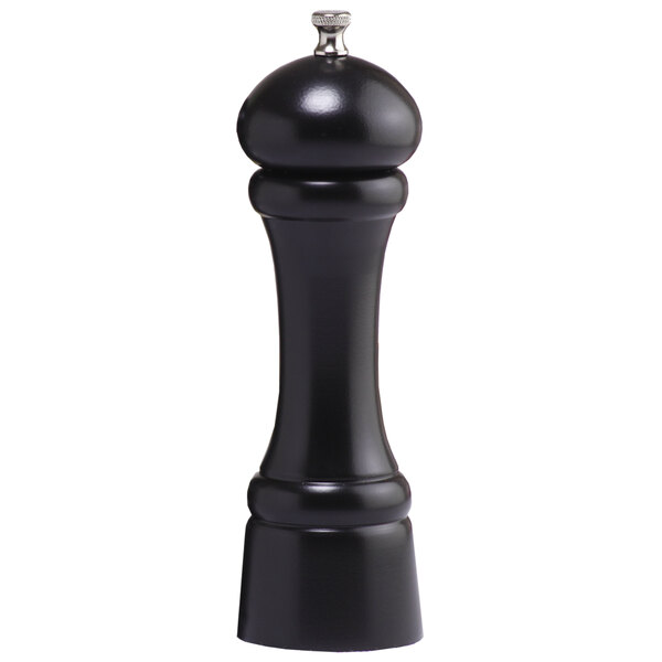 A black pepper mill with a silver top.