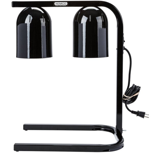 A Nemco black freestanding heat lamp with two bulbs.