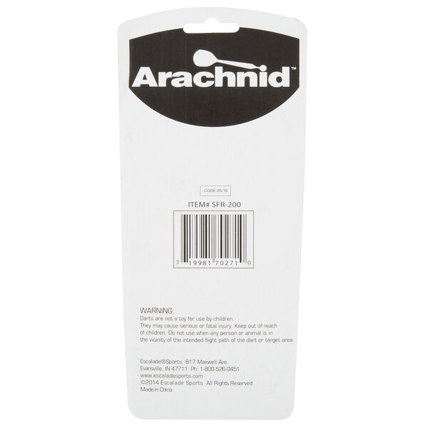 A white box with black and red text and a black circle containing 3 red and white Arachnid soft tip darts.