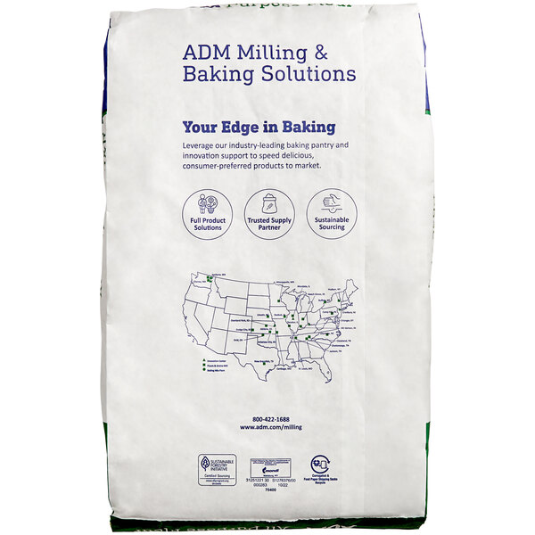 A white bag of ADM All Purpose Unbleached Flour with blue text and a map on it.
