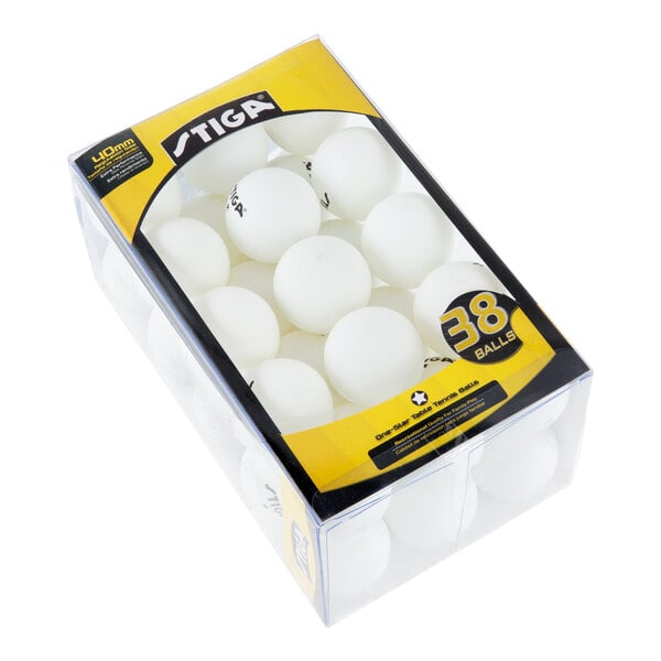 A clear plastic box containing 38 white ping pong balls with a yellow and black label on top.