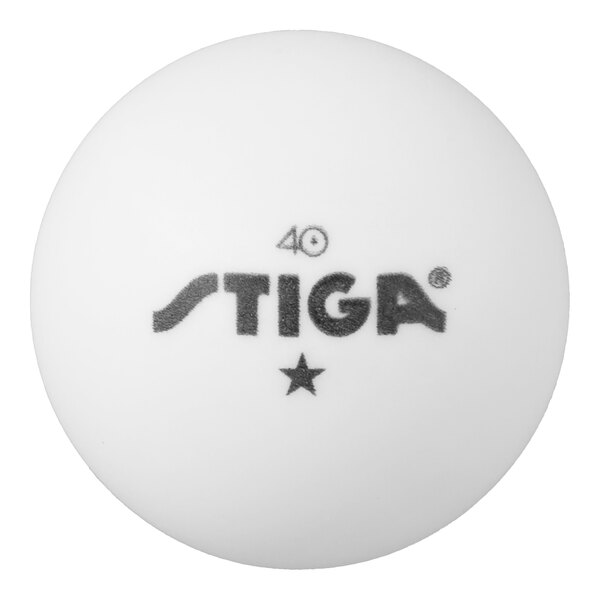 A white ball with the text 'STIGA', '40', and a star symbol printed in black.