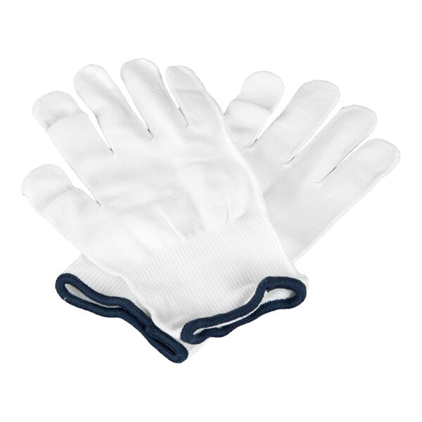 A pair of white nylon work gloves with dark trim at the cuffs.