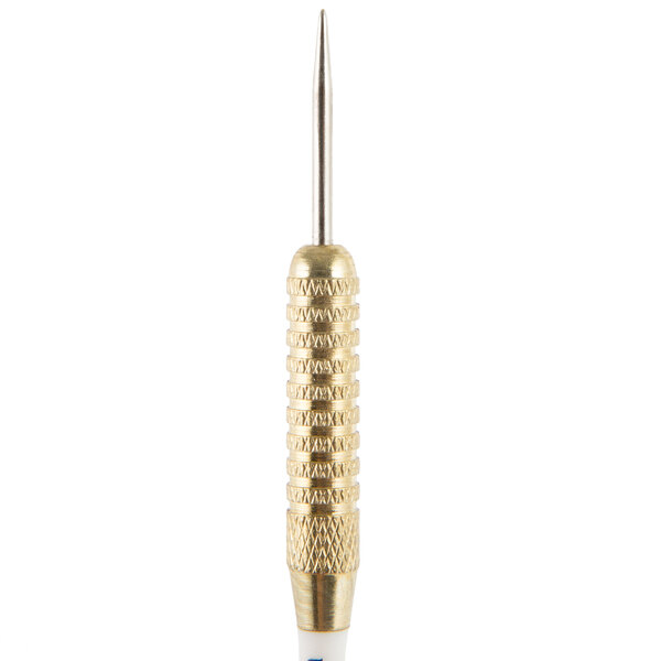 A close up of a gold checkered steel tip Unicorn dart.