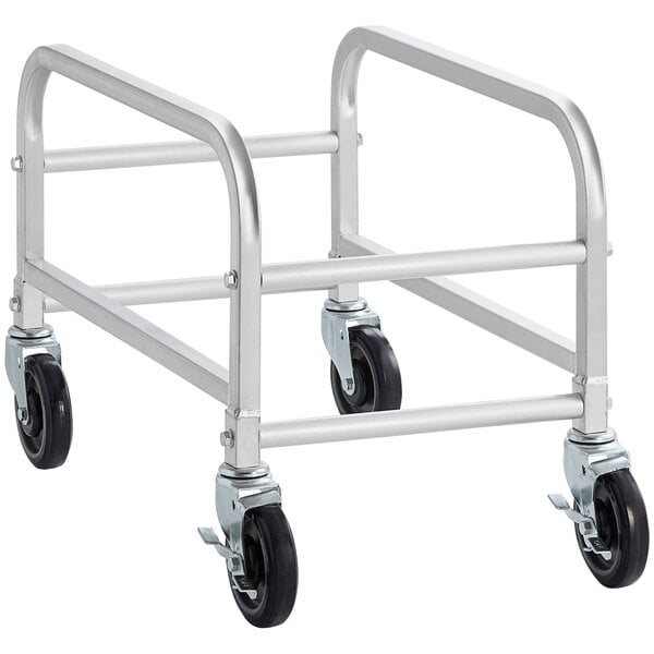 A metal Regency mobile lug rack with black wheels.