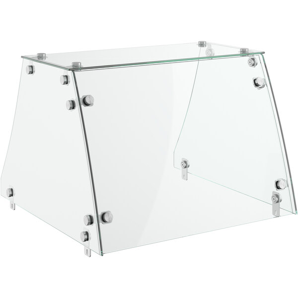 An Avantco flat glass sneeze guard with metal screws.
