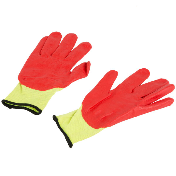 A pair of yellow and red Cordova heavy duty work gloves with yellow handles.