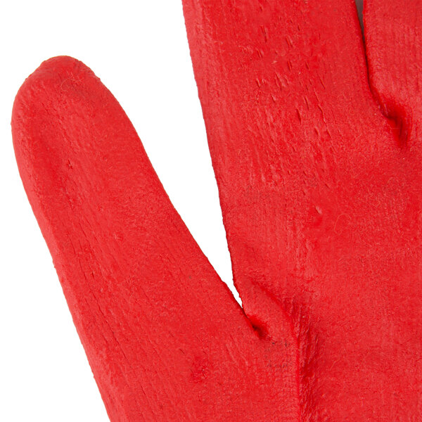 A red Cordova work glove with a white background.