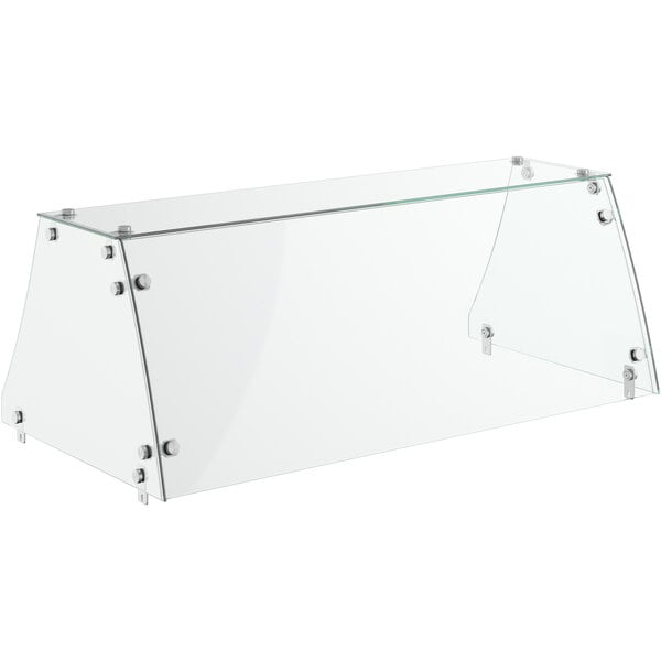 An Avantco flat glass sneeze guard with metal hinges.