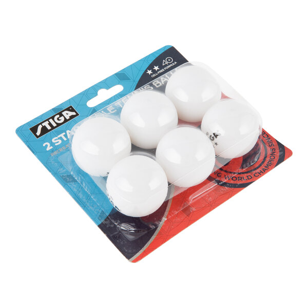 A package containing six white table tennis balls in a plastic and cardboard blister pack.