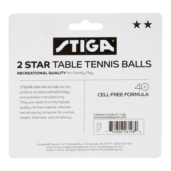 The image shows the packaging for STIGA 2 Star Table Tennis Balls, highlighting recreational quality, a cell-free formula, and a pack of 6 balls.