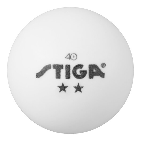 A white ball with the text 'STIGA', '40', and two stars printed on it in black.