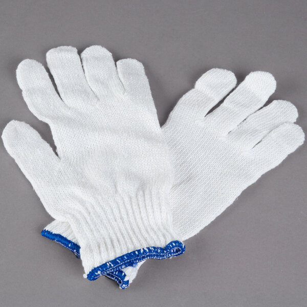 A pair of white Cordova jersey gloves with blue trim.