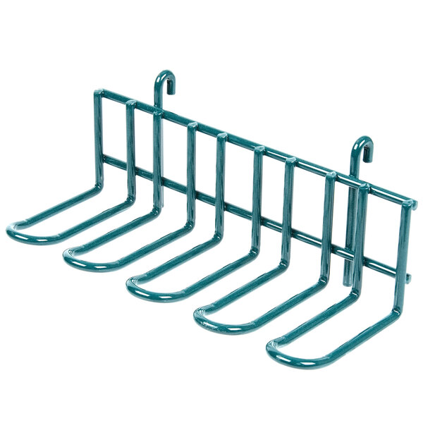 A green Metro SmartWall G3 utensil holder rack with six hooks.