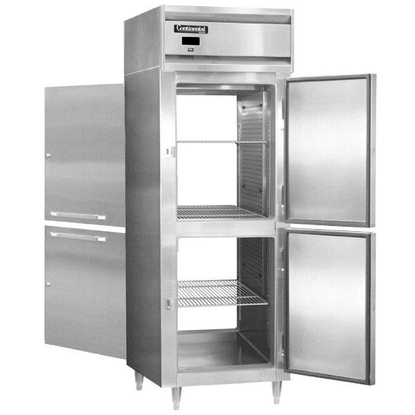 The white door of a stainless steel Continental half door pass-through refrigerator.