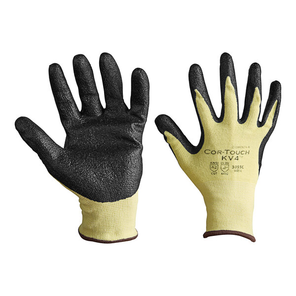 A pair of yellow and black Cordova Cor-Touch gloves with black sandy nitrile palm coating.