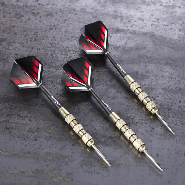 Three red, white, and black striped Unicorn steel tip darts.