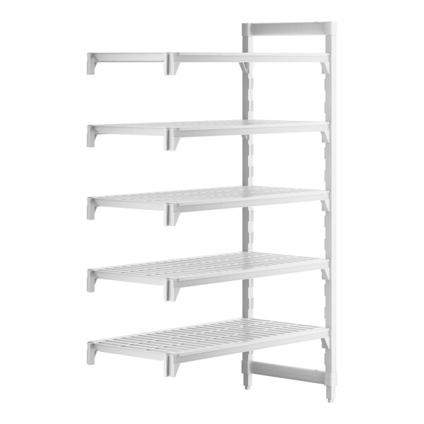 A white plastic Cambro Camshelving® Premium add on unit with four vented shelves.