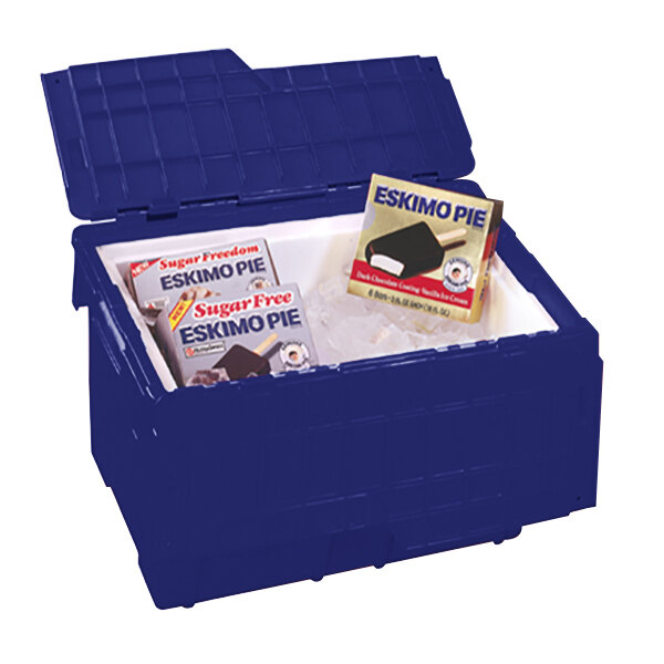 A blue plastic cooler with ice cubes and boxes inside.