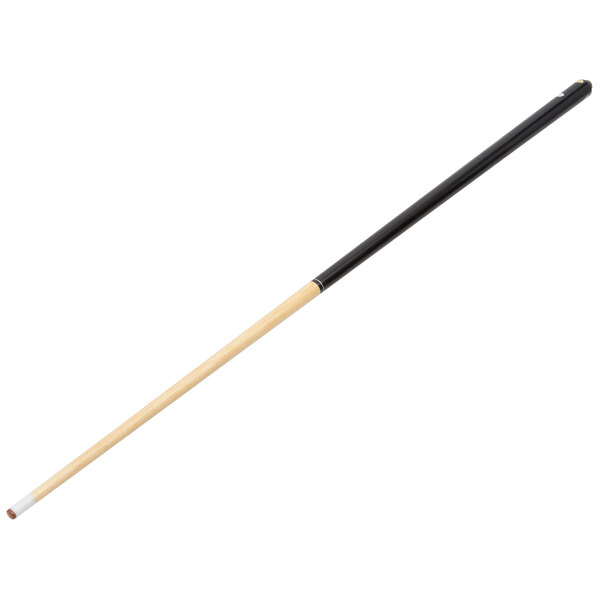 A black and white Mizerak billiard stick with a wooden shaft.