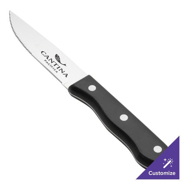 A Walco steak knife with a black Delrin handle.