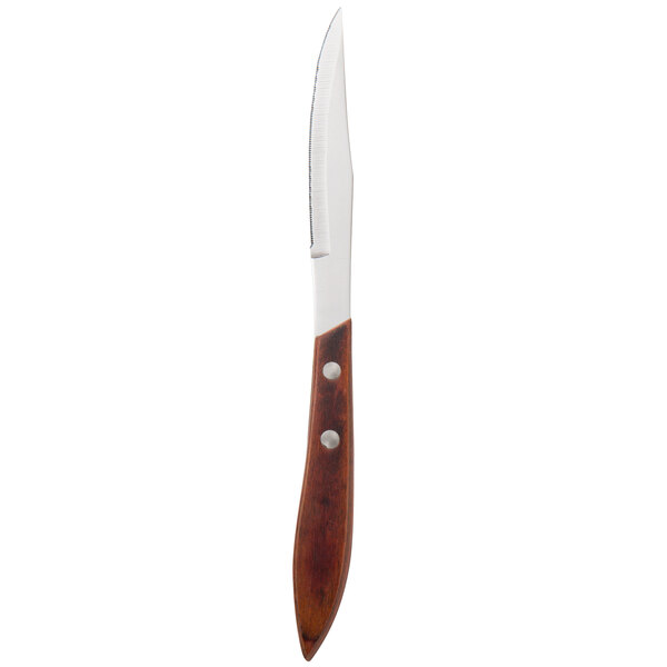 A Walco stainless steel steak knife with a Pakka wood handle.