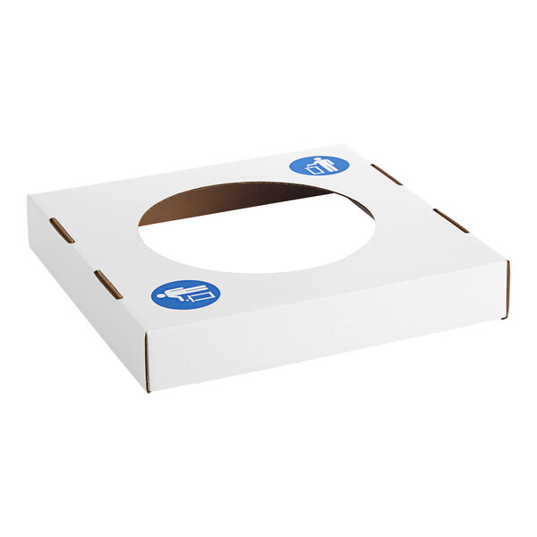 A white corrugated cardboard waste lid with a large circular opening and blue recycling and trash symbols.