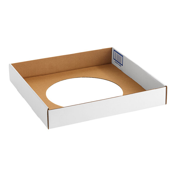 A white corrugated cardboard waste container lid with a circular opening in the center.
