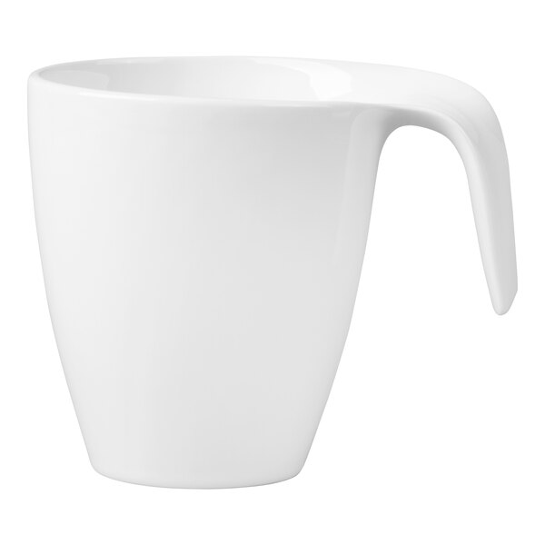 A white porcelain mug with a modern, curved handle design.