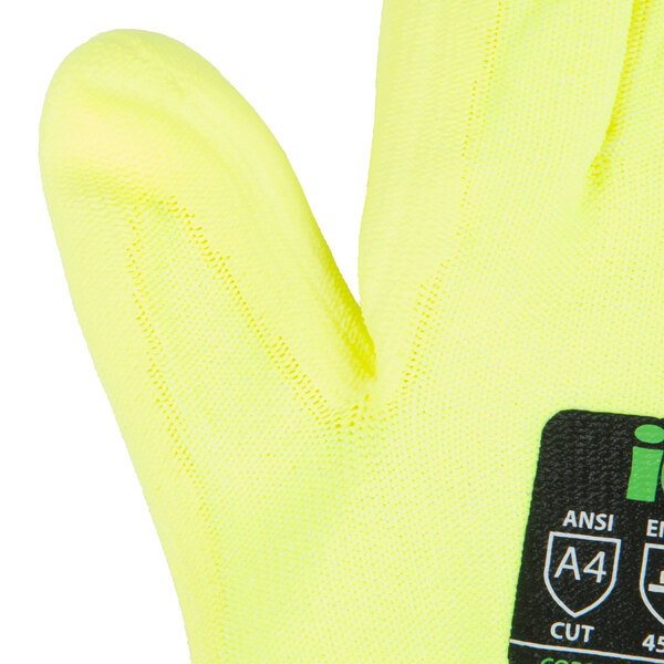 A close up of a pair of Cordova yellow and white cut resistant gloves with a yellow palm.