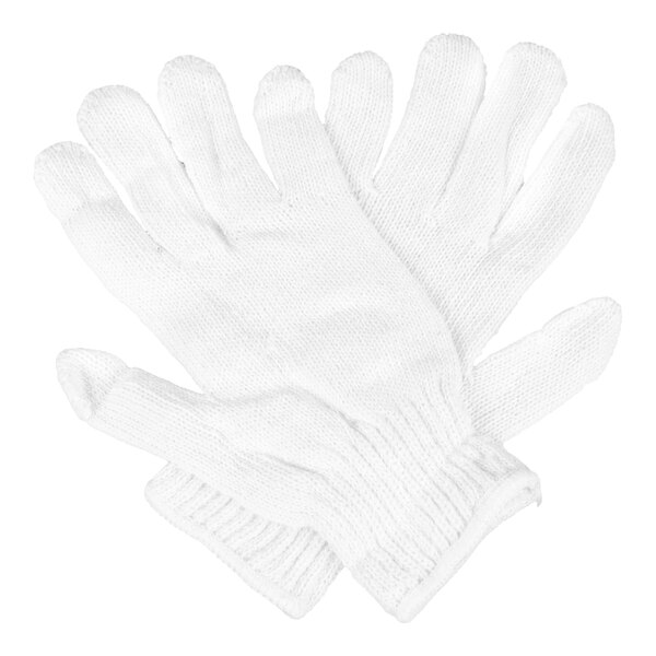 A pair of white polyester and cotton work gloves in medium size.