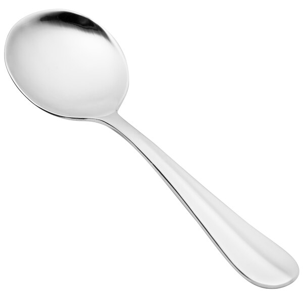 A close-up of a Walco stainless steel bouillon spoon with a silver handle.