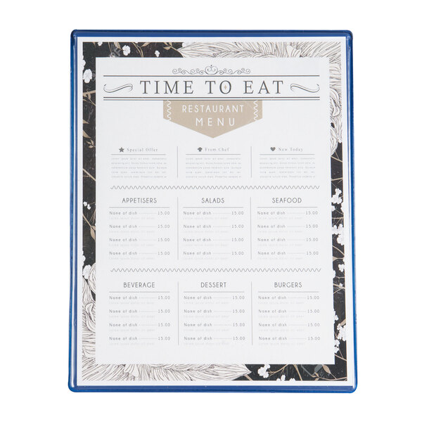 A Menu Solutions Hamilton Royal Blue menu board with white text on a white background.