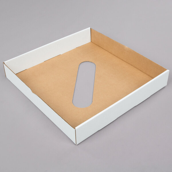 A white rectangular Lavex cardboard lid with a hole in the middle.