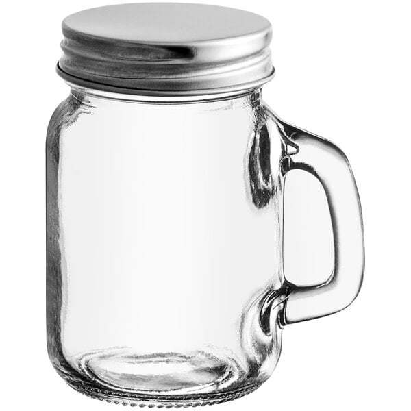 Acopa Rustic Charm 16 oz. County Fair Drinking Jar / Mason Jar with Handle  and Gold Metal Lid - 12/Case