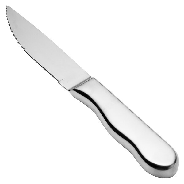 A close-up of a Walco stainless steel steak knife with a jumbo mirror finished hollow handle.