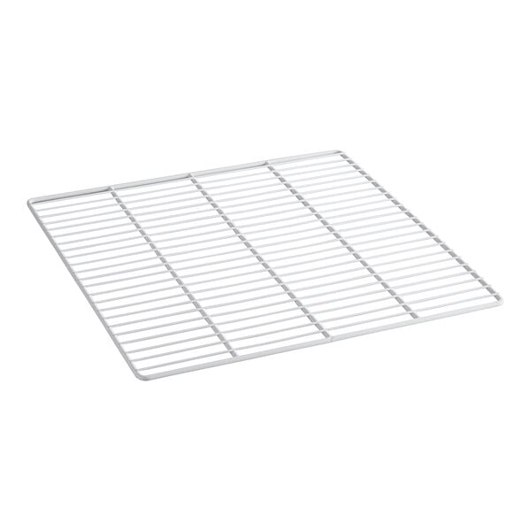 A white metal grid shelf with holes.
