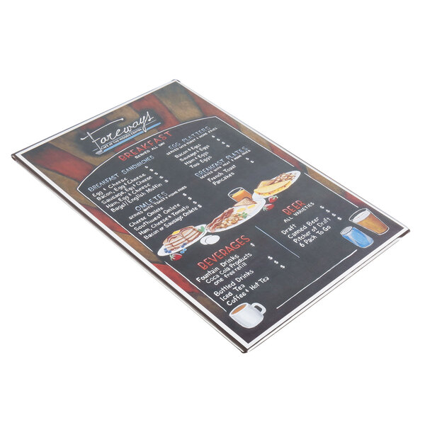 A Menu Solutions Hamilton chocolate menu board on a table in a pizza parlor.