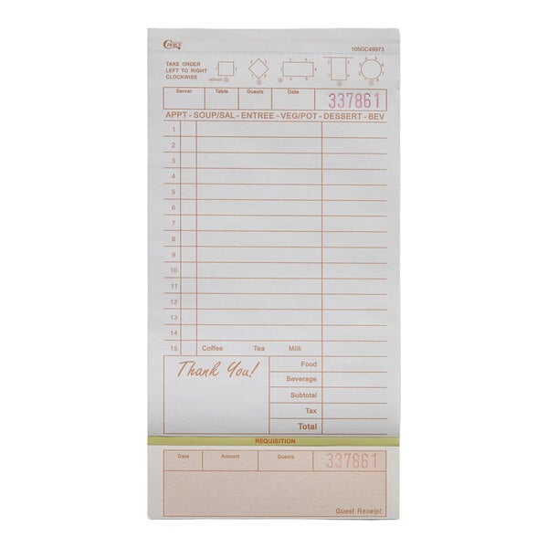 A tan and white carbonless guest check pad with beverage lines and a bottom guest receipt section.