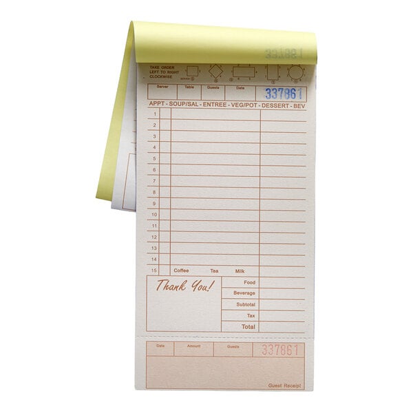 A tan and white carbonless guest check pad with beverage lines and a bottom guest receipt section.