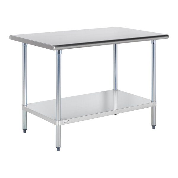 A stainless steel work table with a galvanized undershelf and four legs.