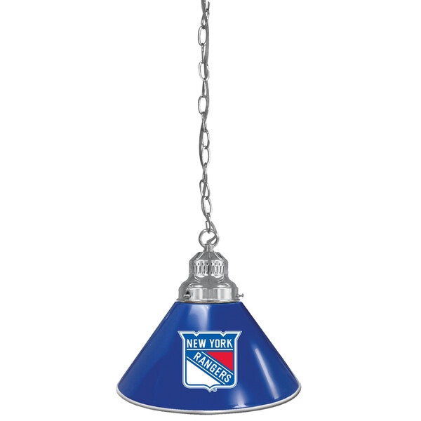 A chrome pendant light with the New York Rangers logo on it.