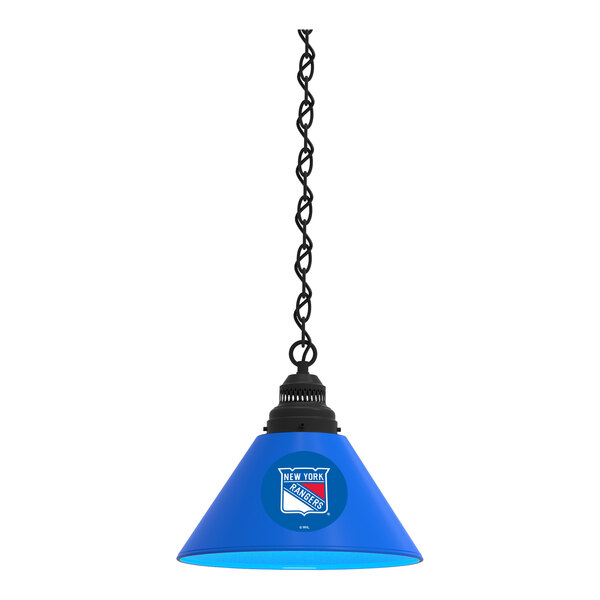 A black pendant light with a New York Rangers logo on it.