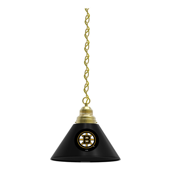 A brass pendant light with a black and yellow Boston Bruins logo shade.