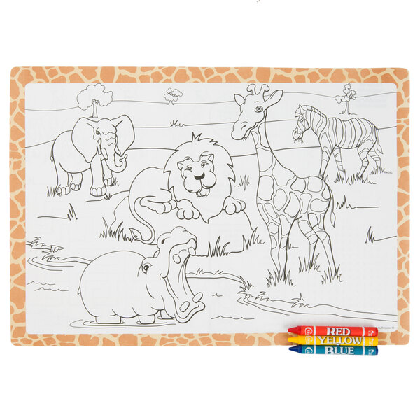 A Hoffmaster kids placemat with a coloring page of animals and crayons.