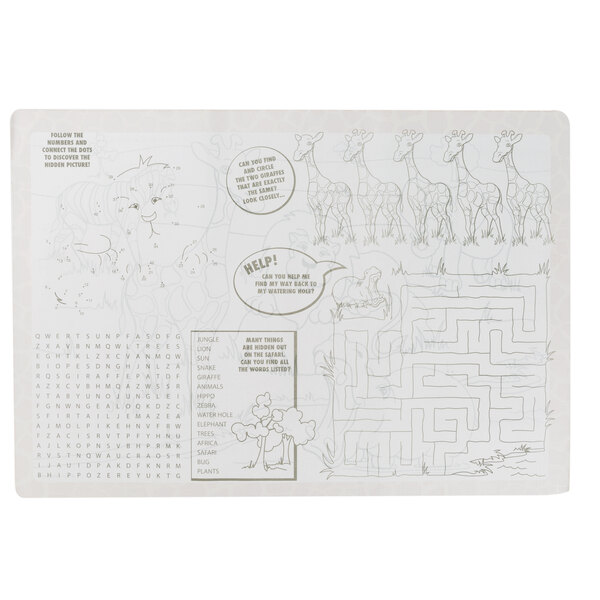 A white Hoffmaster placemat with a maze featuring giraffes and words.