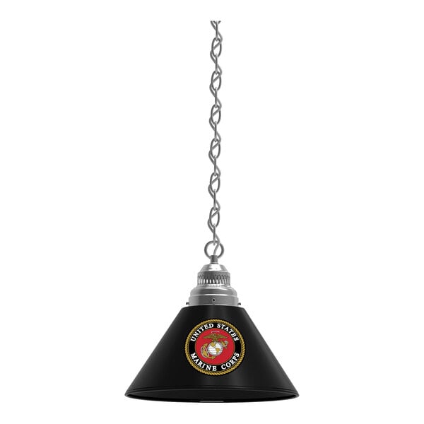 A black and chrome pendant light with a United States Marine Corps logo on it.