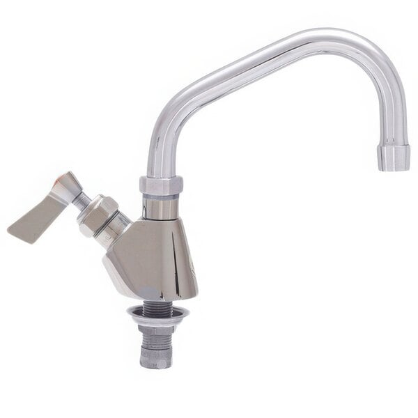 A Fisher stainless steel deck-mounted faucet with a lever handle and swing nozzle.